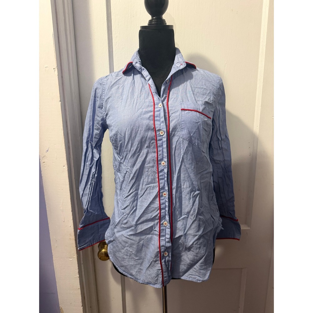 J. Crew Womens Blue Long Sleeve Button Down Shirt Red Piping Accents Size 2